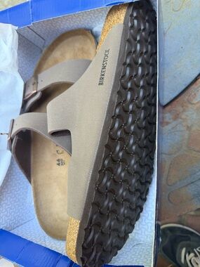 Birkenstock Taupe/Brown Two-Strap Slide Sandals
